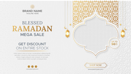 Ramadan Kareem Sale Banner, Islamic Ornament Lantern Background with empty space for photo