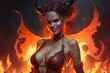 A young attractive horned devil daemon succubus brunette  girl. Smile. Hellfire on the background