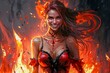 A young attractive horned devil daemon succubus girl. Smile. Hellfire on the background