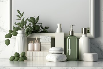 Bathroom. Care cosmetics shelf mockup. Nordic. Generative AI