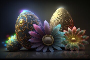 Sticker - Colorful Easter eggs with ornate patterns with glowing flowers - Generative AI