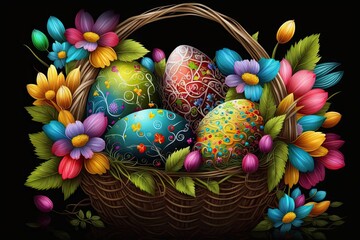 Wall Mural - Colorful Easter eggs with patterns and flowers in a basket on wallpaper background - Generative AI