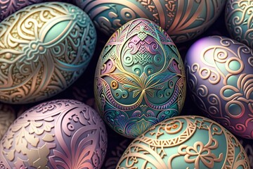 Canvas Print - Colorful Easter eggs with ornate patterns on wallpaper background - Generative AI