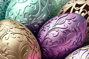 Wall Mural - Colorful pastel Easter eggs with ornate patterns on wallpaper background - Generative AI