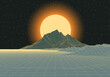 © swillklitch - Retro futuristic landscape with mountains and sun in deep space. 80s styled synthwve landscape with sunrise over alien planet.