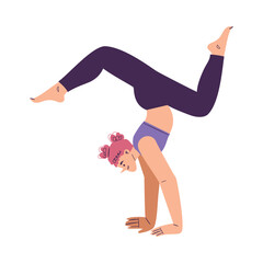 Wall Mural - Young Woman Character Yoga Practicing Standing in Asana Arm Balancing Vector Illustration