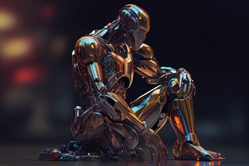 Wall Mural - contemplative metal robot representing artificial intelligence, sitting in blurred darkness. generat