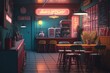 Asian street restaurant café. Chinese takeaway cafe. Japanese fast food stall with neon lights. Generative AI