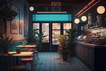 Asian street restaurant café. Chinese takeaway cafe. Japanese fast food stall with neon lights. Generative AI