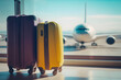 Suitcases on wheels on a blurred background of aircraft in the parking lot. Trips. Impressions from new places. Baggage rules. Hand luggage. Travel company advertisement. Generative AI