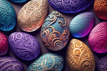 Wall Mural - Colorful Easter eggs with ornate patterns with glowing flowers - Generative AI