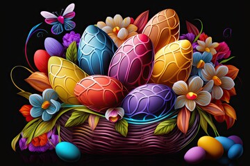 Wall Mural - Colorful neon Easter eggs with patterns in a basket - Generative AI