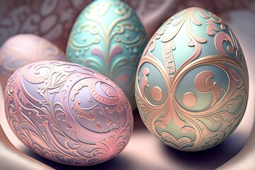 Canvas Print - Colorful pastel Easter eggs with ornate patterns with glowing flowers - Generative AI