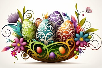 Wall Mural - Colorful illustration of decorative easter eggs in a basket with flowers - Generative AI