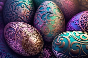 Wall Mural - Colorful Easter eggs with ornate patterns with glowing flowers - Generative AI