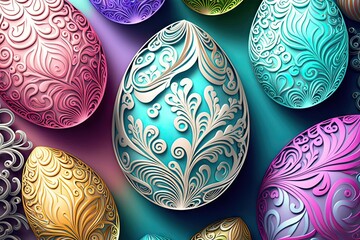 Wall Mural - Colorful Easter eggs with ornate patterns with glowing flowers - Generative AI