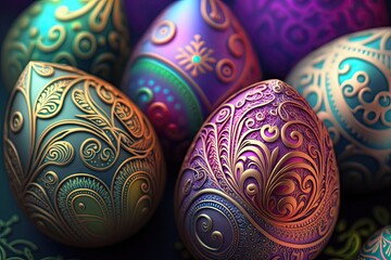 Wall Mural - Colorful Easter eggs with ornate patterns with glowing flowers - Generative AI