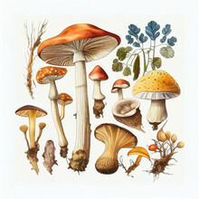 Different Types Of Mushrooms, Botanical Illustration On White Background. Created With Generative AI.