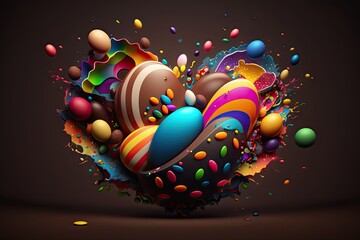Wall Mural - Chocolate easter egg exploding, vivid color background wallpaper - Generative AI