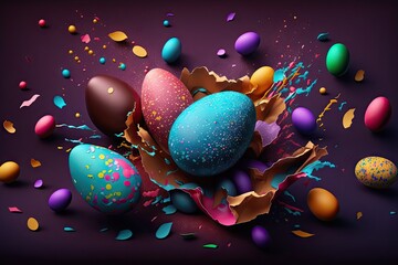 Wall Mural - Chocolate easter egg exploding, vivid color background wallpaper - Generative AI