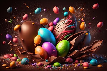 Wall Mural - Chocolate easter egg exploding, vivid color background wallpaper - Generative AI