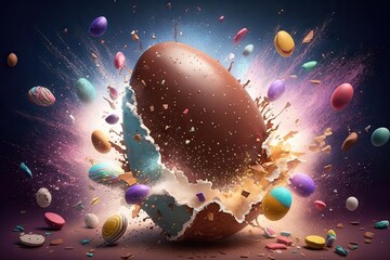 Wall Mural - Chocolate easter egg exploding, vivid color background wallpaper - Generative AI