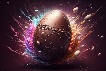 Wall Mural - Chocolate easter egg exploding, vivid color background wallpaper - Generative AI