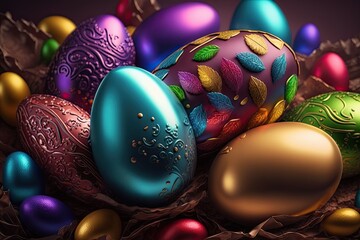 Wall Mural - Colorful neon Easter eggs with patterns on wallpaper background - Generative AI