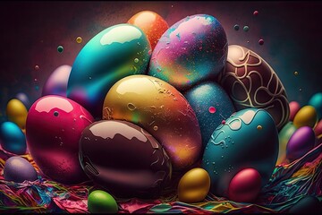 Wall Mural - Colorful neon Easter eggs with patterns on wallpaper background - Generative AI