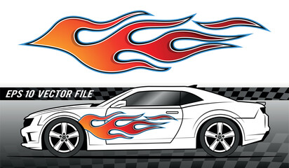 Wall Mural - Fire flames racing car decal vector art graphic. Burning tire and flame sports car body side vinyl decal. Side speed decoration for cars, auto, truck, boat, suv, motorcycle.