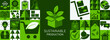 Sustainable and Ecology product and marketing vector illustration. Green idea with associated icons for shipping and delivery, sustainable procurement or purchasing, and eco-friendly online shopping.