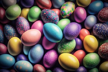Wall Mural - Colorful Easter eggs with patterns on wallpaper background - Generative AI