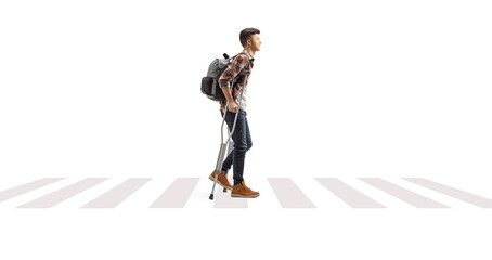 Poster - Male student walking with crutches on a pedestrian crossing