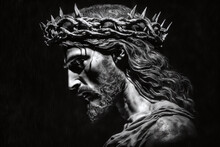 Jesus Christ With The Crown Of Thorns, In Profile On A Black Background. Face Of Jesus Suffering Holy Week Stations Of The Cross Generative AI
