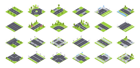 Isometric urban road elements. Street roads, crossroads with traffic lights, city signs and street gardening 3d vector illustration set