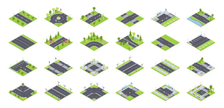 isometric urban road elements. street roads, crossroads with traffic lights, city signs and street g