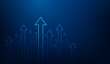Business Arrow Up Growth Line Circuit Technology On Dark Blue Background. Business Investment To Success. Financial Data Graph Strategy.market Chart Profit Money. Vector Illustration Hi-tech.