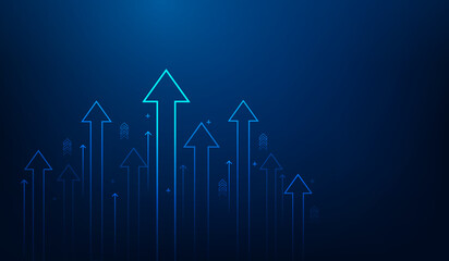 Poster - business arrow up growth line circuit technology on dark blue background. business investment to success. financial data graph strategy.market chart profit money. vector illustration hi-tech.