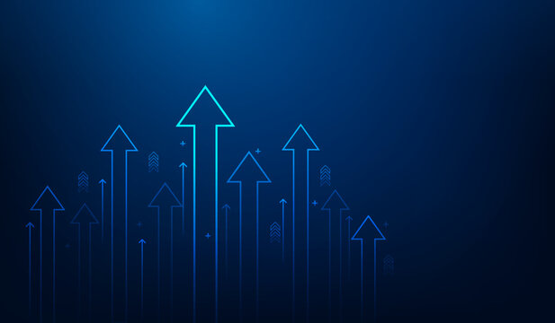 business arrow up growth line circuit technology on dark blue background. business investment to suc
