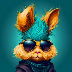 Hipster Rabbit portrait. Cute Funny Art Illustration Generative AI	