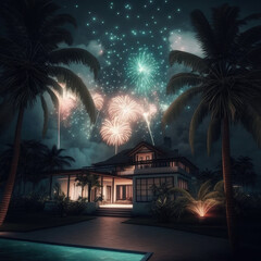 ai generated of illustration coconut trees malay wooden house celebration of ramadan