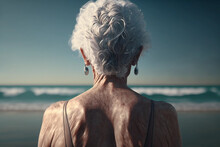 An Elderly Woman With Flabby Skin Against The Background Of The Sea, A View From The Back, Created By A Neural Network, Generative AI Technology