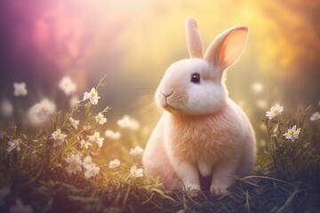 Cute Bunny rabbit sitting in a dreamy field at Easter during the spring season