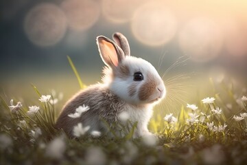 Wall Mural - Cute Bunny rabbit sitting in a dreamy field at Easter during the spring season