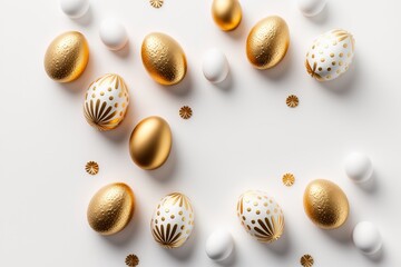 Wall Mural - Easter golden decorated eggs stand in a row on white background. Minimal easter concept. Happy Easter card with copy space for text. Top view, flatlay