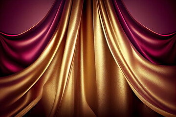 Wall Mural - Drapery of gold and burgundy fabrics, textile background  Generative AI