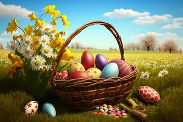 Wall Mural - Easter - Painted Eggs In Basket On Grass In Sunny Orchard stock photo Easter, Backgrounds, Easter Egg, Springtime, Egg - Food