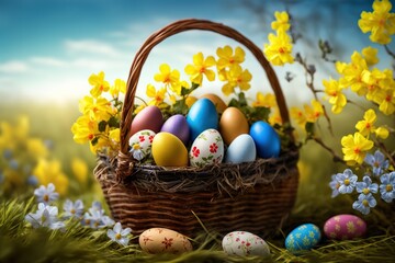 Wall Mural - Easter - Painted Eggs In Basket On Grass In Sunny Orchard stock photo Easter, Backgrounds, Easter Egg, Springtime, Egg - Food