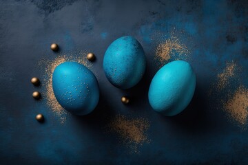 Wall Mural - Blue easter eggs painted by hand on a dark background. Easter stylish minimal composition. Top view, flat lay, copy space