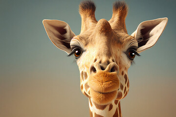 A close up shot of a cute giraffe.Portrait.Front view face model.isolated background.Copy space.Created with generative ai